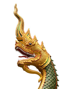 蛇王蛇王或国王的娜迦雕像在泰国寺庙上 w 孤立照片