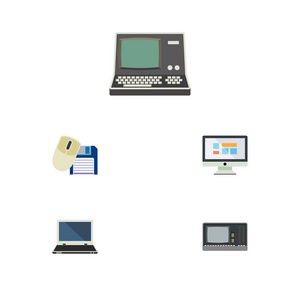 平面图标计算机集技术 显示 老式硬件和其他矢量对象。此外包括屏幕 软盘 笔记本元素