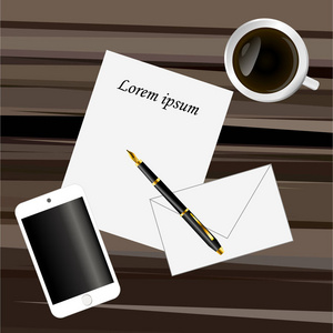 纸 笔 智能手机和暗褐色的咖啡