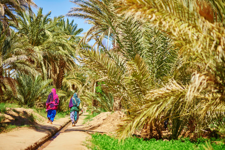 两个柏柏尔妇女在梅尔祖加村在摩洛哥撒哈拉大沙漠中的绿洲
