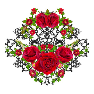 黑色蕾丝 镂空编织 卷发。黑丝绒红玫瑰的花环。镂空编织精致