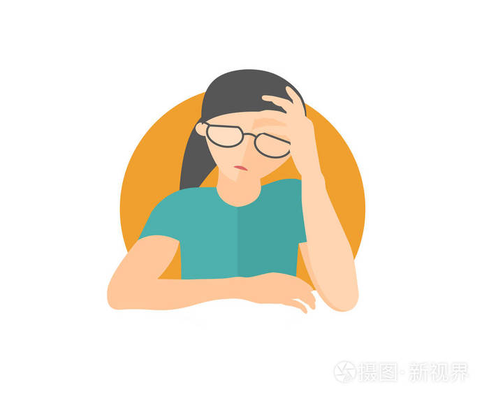 在眼镜郁闷, 悲伤, 弱的漂亮女孩.平面设计图标.