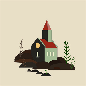 在石头上的房子人站在木制的房子看卡通场景的两个人在房间里-说话