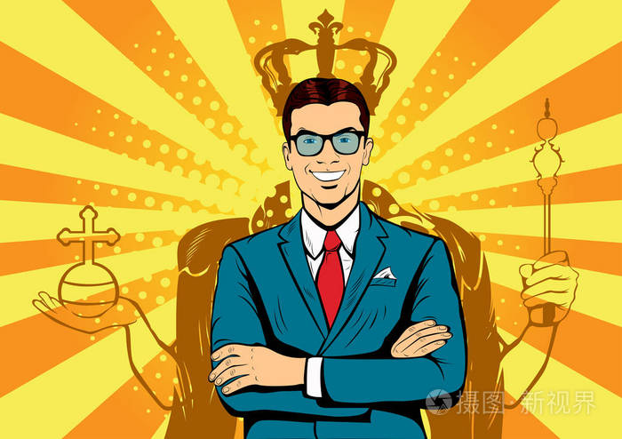 商人与阴影为王.人的领袖,成功老板,人的自我.矢量复古波普艺术插画