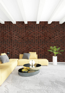 黄色卧室或客厅现代风格流露出墙和时尚家具与室内设计。3d 渲染