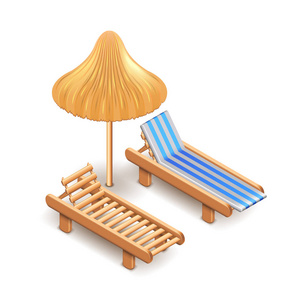 沙滩伞和躺椅上白色矢量孤立