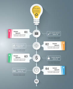 信息图表设计的灰色背景。灯泡图标。光源图标