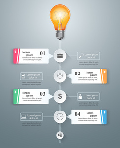 信息图表设计的灰色背景。灯泡图标。光源图标