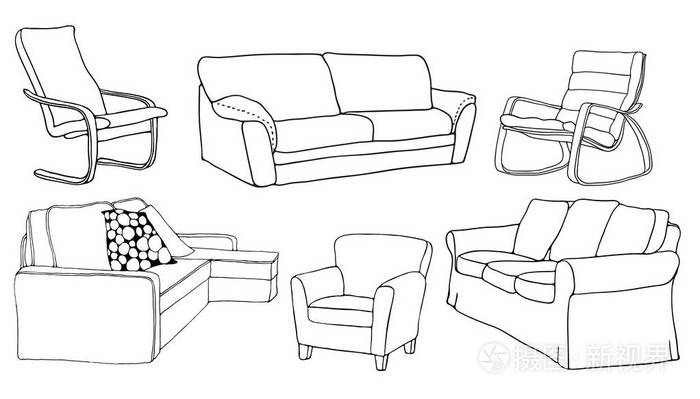 向量集的现代家具对象用黑色钢笔绘制沙发和扶手椅