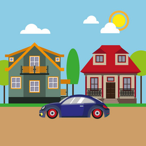 车子和房子.景观.矢量照片