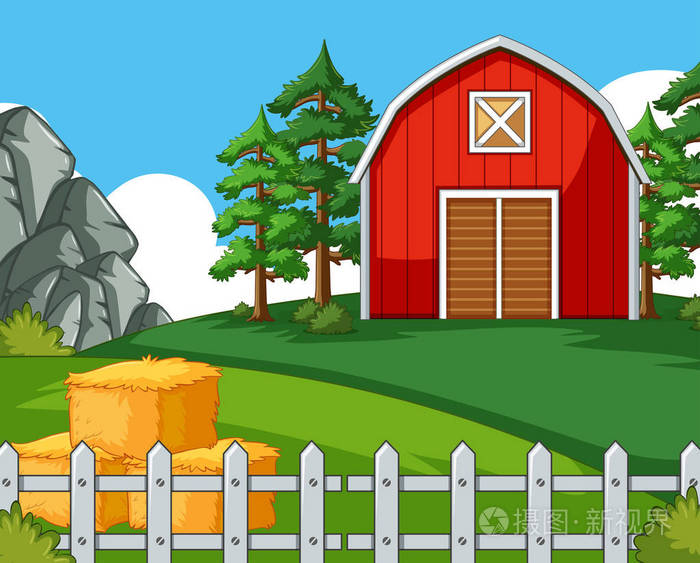 背景场景与谷仓和干草