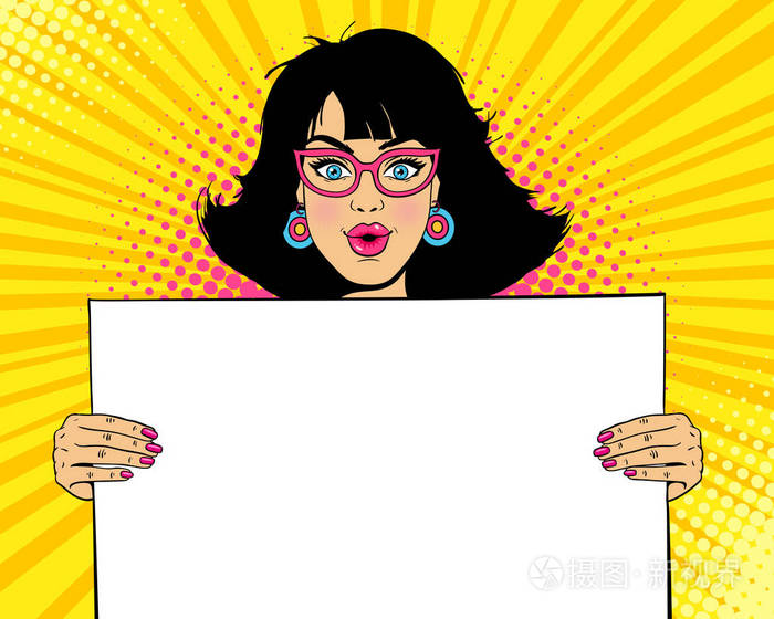 哇女性的脸 年轻性感的惊讶的女人与眼镜控股为您的文本的空白板张开的嘴 向量在复古漫画波普艺术风格色彩丰富的插画 聚会请柬背景 插画 正版商用图片0e4nii 摄图新视界 哇女性的脸 年轻性感的惊讶的女人与眼镜控股为您的文本的空白板张开的嘴 向量在复古漫画波普艺术风格色彩丰富的插画 聚会请柬背景 插画 正版商用图片0e4nii 摄图新视界