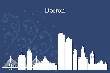 波士顿市的天际线轮廓在蓝色背景