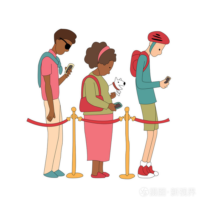 看着他们的移动电话和排队的人.在矢量图