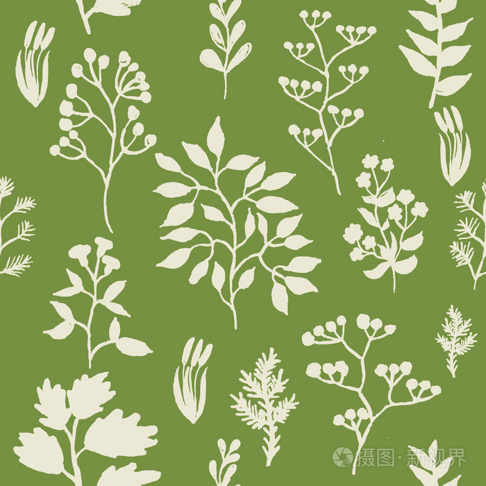 手绘草本无缝背景矢量插图