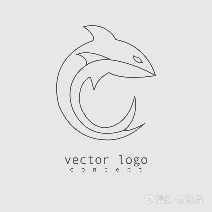 鲨鱼标志在线条设计风格中的矢量插图