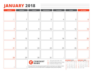 1 月 2018年的日历计划模板。业务计划模板。文具设计。周从星期日开始。在页面上的 3 个月。矢量图