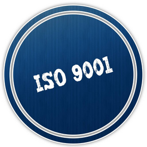 Iso 9001 心疼蓝色圆形徽章上的文本