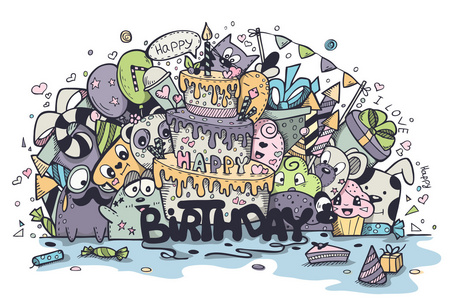 插图的彩色涂鸦的生日贺卡。集 3