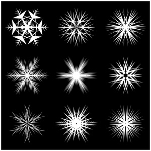 圣诞雪花，冻片状剪影图标 符号 设计。孤立在黑色背景上的冬天，水晶矢量图