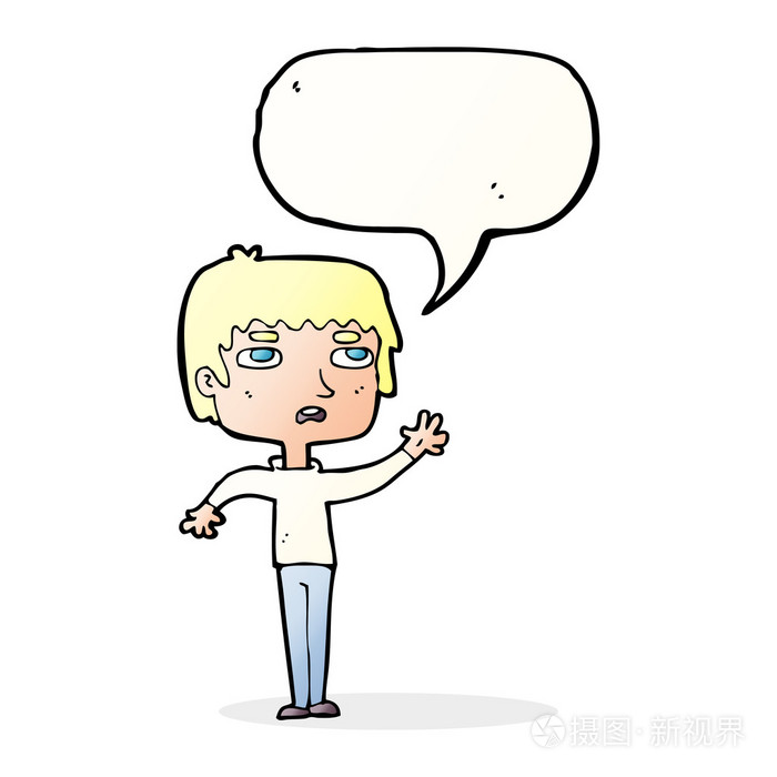卡通不愉快的男孩挥舞着讲话泡泡