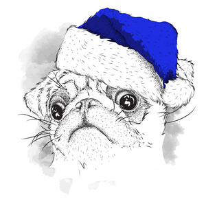 圣诞节海报与图像的哈巴狗画像在圣诞老人的帽子。矢量图