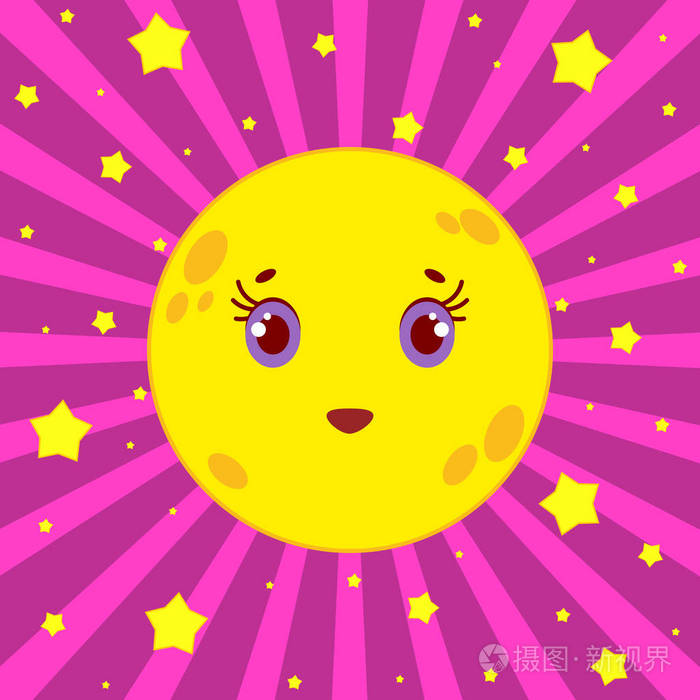 卡通黄色月亮微笑着星星粉红色条纹背景上