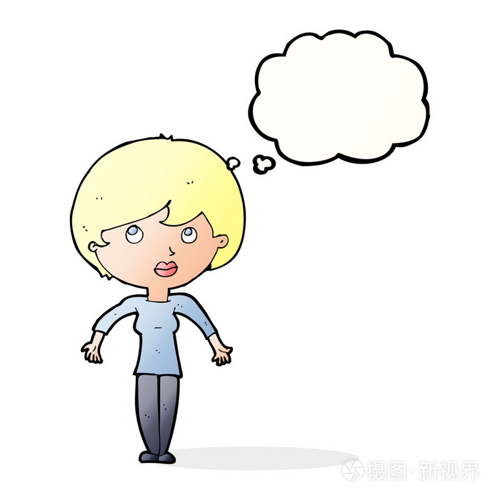 卡通女人耸耸肩膀与思想泡泡