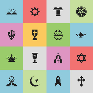 16 可编辑宗教图标集。包括符号装饰的蛋 演说家论坛 教堂等。可用于 Web 移动 Ui 和数据图表设计