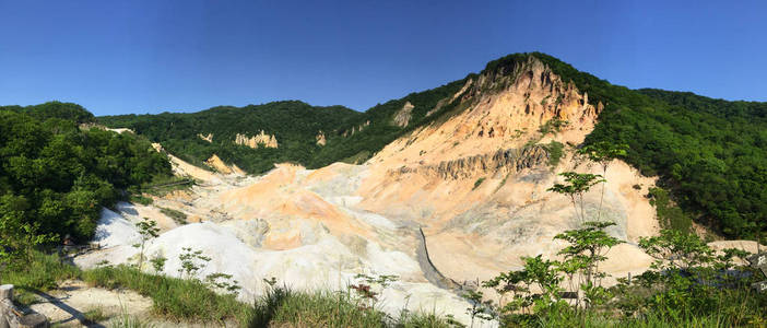 在日本北海道登别地狱谷地狱谷的全景视图