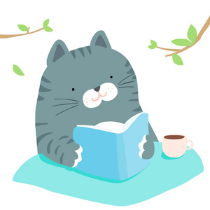 在的矢量毛茸茸的猫看书照片