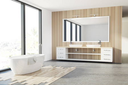 木制的卫生间，白色的浴缸，水槽阁楼