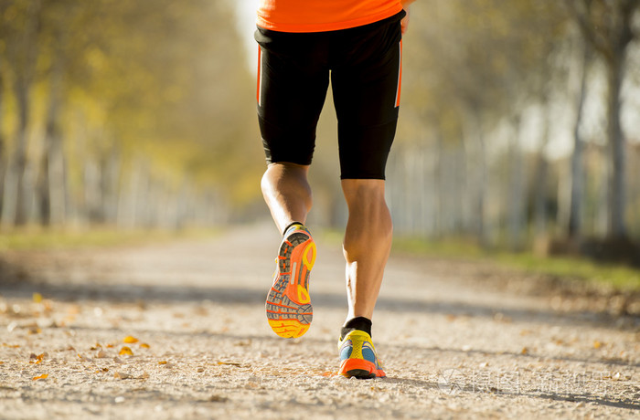体育人与强犊牛肌肉户外跑步道路跟踪地面与树美丽的秋天阳光下
