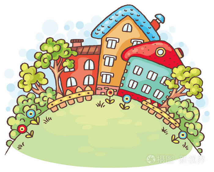 卡通房屋和树木上一座小山与副本空间