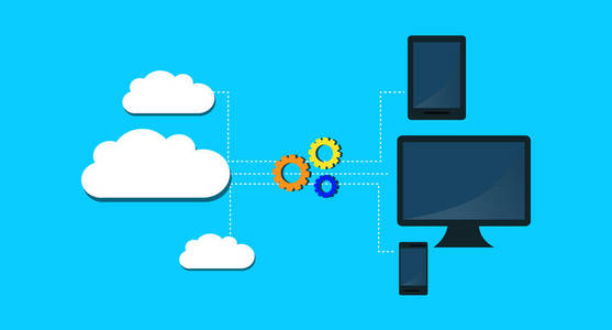 现代云服务和云计算元素概念。设备连接到与齿轮云。平的插图