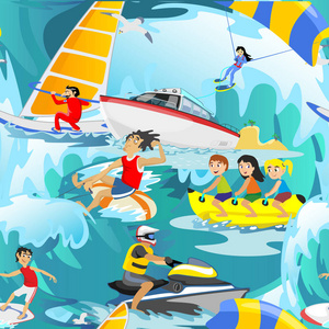 水极限运动无缝模式, 设计元素的夏天度假活动纺织, 卡通波冲浪, 海