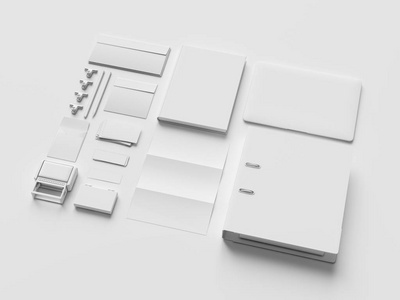 白色的文具 & 品牌样机.办公用品, 小玩意.3d 图照片
