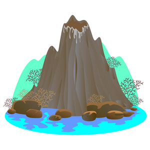 一套火山的不同程度的喷发，睡觉或觉醒危险火神，敬礼从岩浆灰和烟飞出火山熔岩流了下来，山矢量图