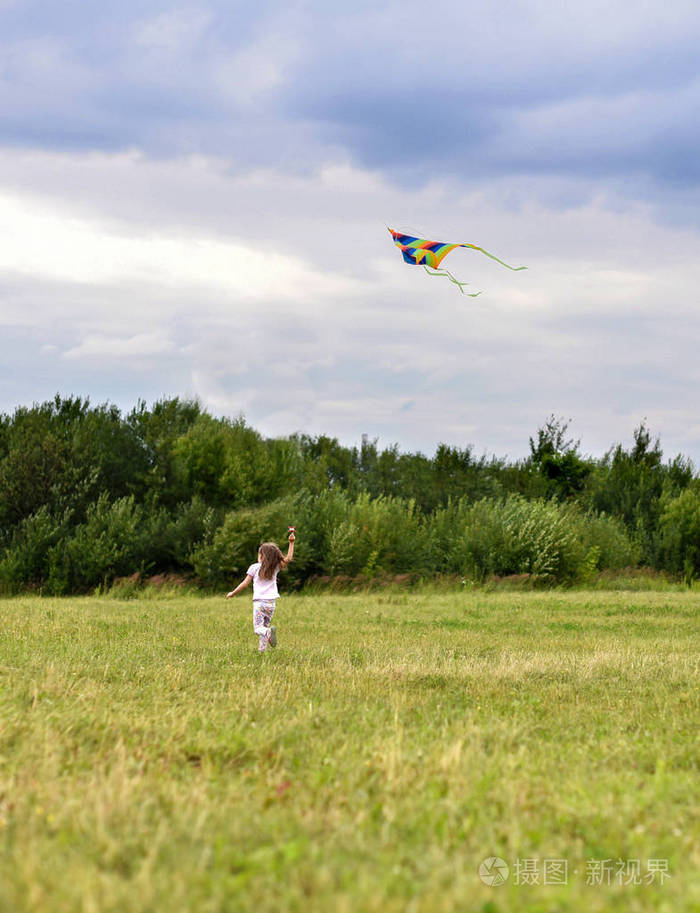 明亮的风筝,在绿色的草地上追一个小女孩