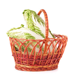 园丁背着白菜篮子在他的 sholder白菜在白色背景上孤