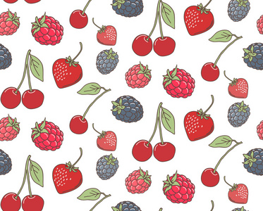 无缝模式的浆果草莓，黑莓，树莓，樱桃，矢量