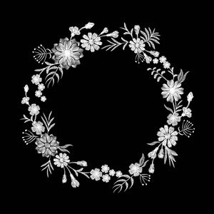 花黑白色的雏菊刺绣圆的安排。纺织装饰时尚复古维多利亚花。十字绣纹理矢量图