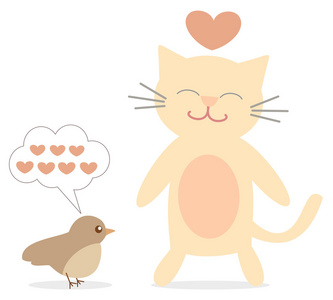 猫和鸟谈论爱可爱和有趣的卡通矢量图