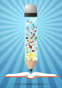 打开的书的想法和 pencils.education concept.can 用于放置