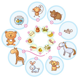 动物和他们的食物的匹配游戏照片