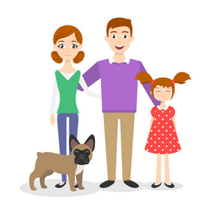 全家福: 妈妈, 爸爸, 女儿和家庭的狗法国斗牛犬照片