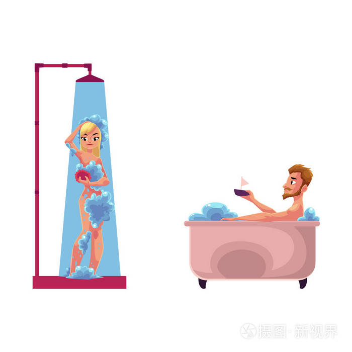 矢量成年女人男人洗洗澡