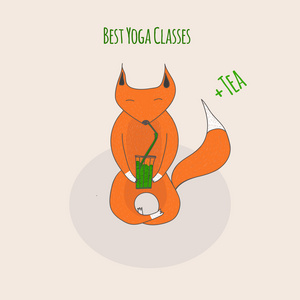 矢量可爱狐狸在瑜伽姿态与绿色汁液的手中。Eps10