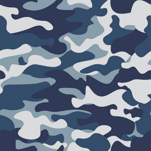 无缝的迷彩图案背景。经典的服装风格掩蔽迷彩重复打印。蓝色，海军蔚蓝灰色颜色森林纹理。设计元素。矢量图