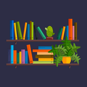 Bookshelfon 墙体书向量，平面样式中的插图